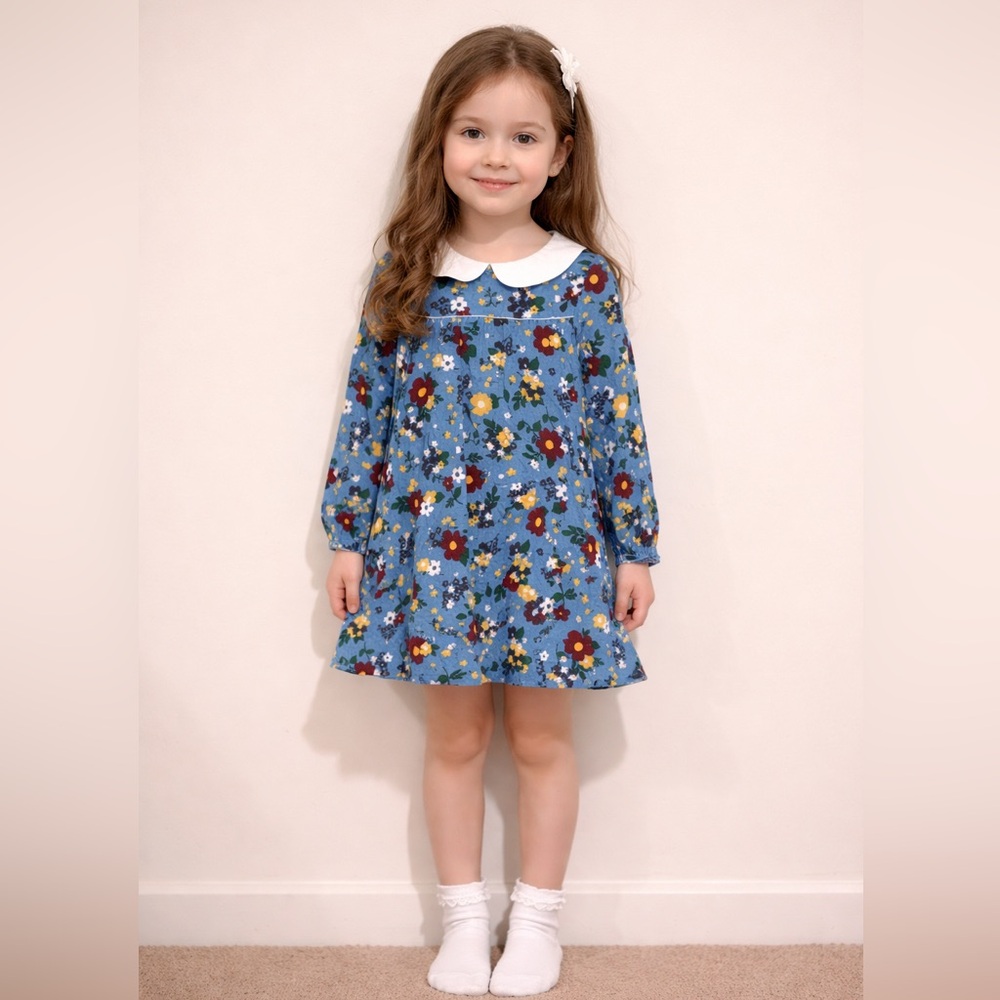 • Little Bird • Girls Corduroy Floral Collard Dress Long Sleeve Blue / Yellow